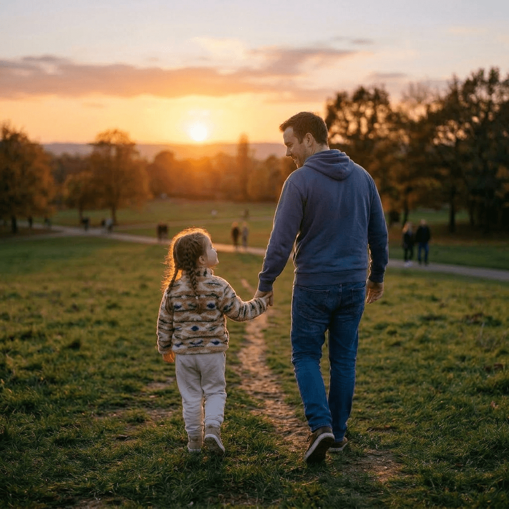 Man kneeling with young girl watching sunset in a park